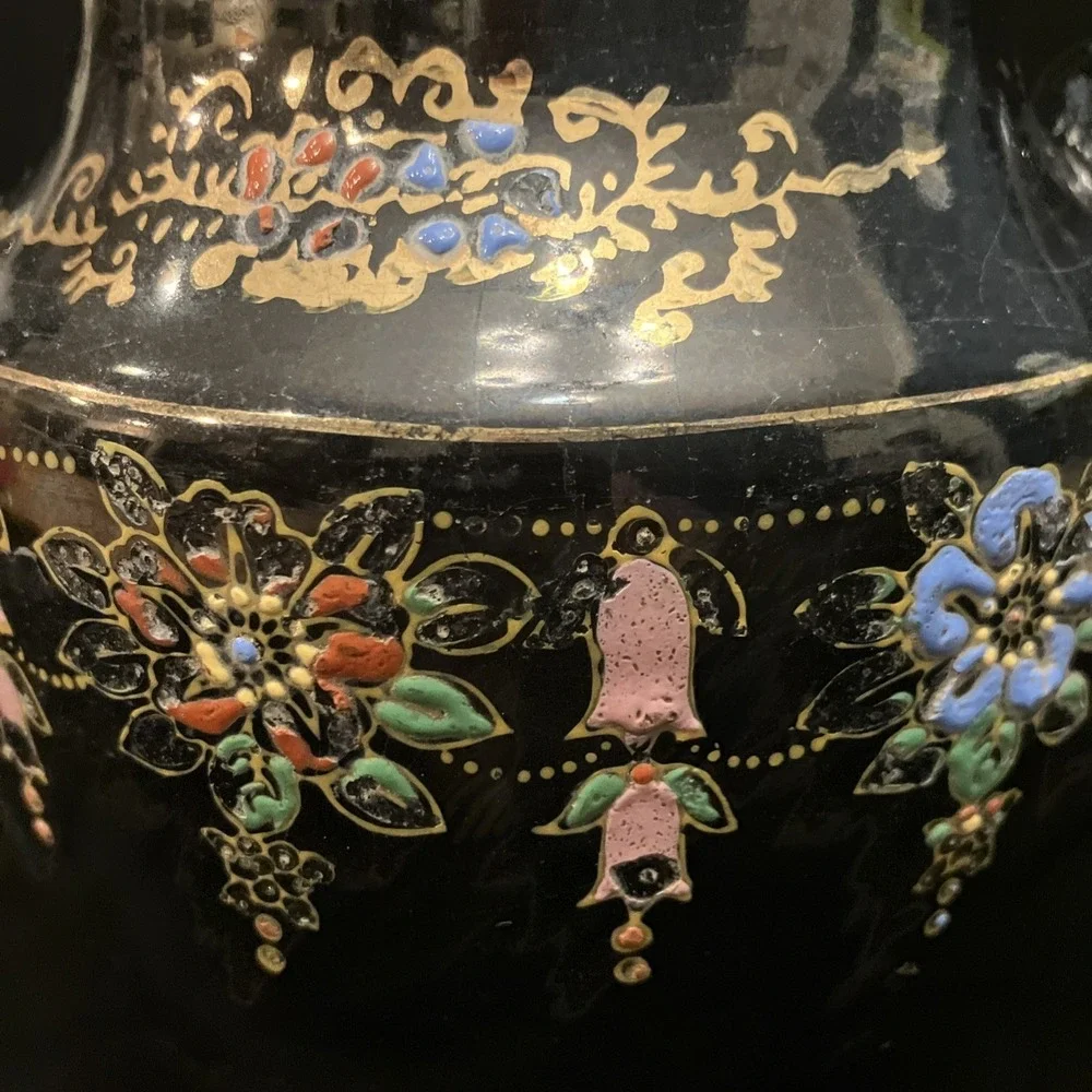 Hand Painted VTG Black Teapot Gold Trim Moriage Raised Dots Japan Glued Spout